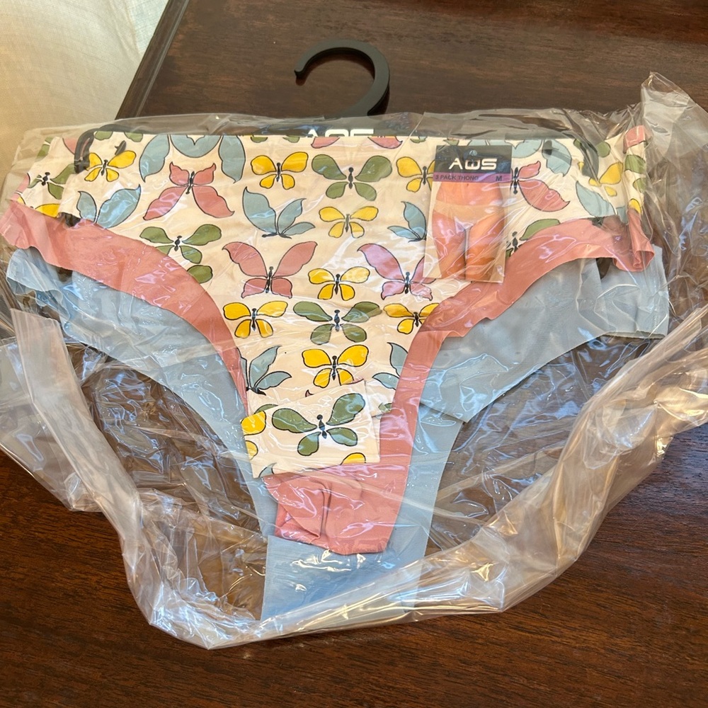 AQS Medium Floral Butterfly Thong Panties Underwear- 3 Pack Blue & Pink NWT